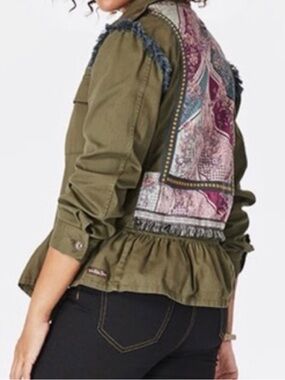 Matilda Jane Moments With You Letterman Jacket Size XL Army Green Ruffle Boho